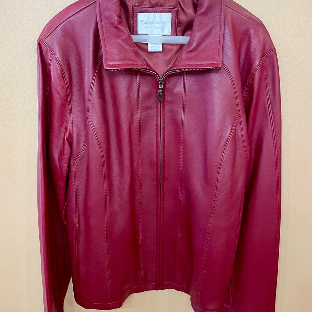 Worthington Women’s Genuine Lambskin Leather Jacket Red/Burgundy Zip Front XL